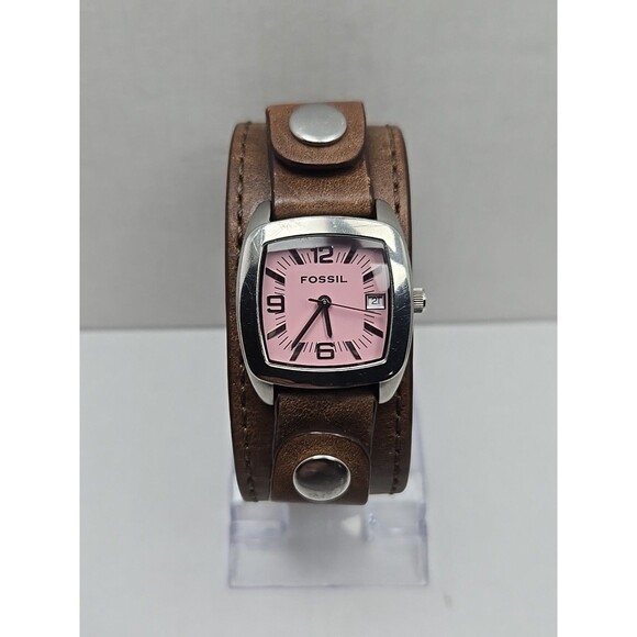 Fossil JR 8516 Pink Dial Date Womens Quartz Watch Brown Leather Cuff New Battery - Picture 1 of 11